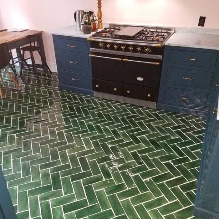 Hunter green glazed 3x8 kitchen floor tiles for brownstone home in Brooklyn
