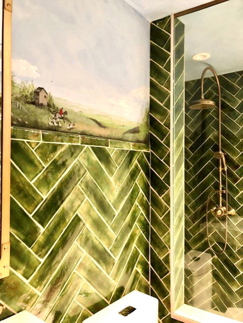 Olive Green Subway Shower Tile with murals of fox hunting
